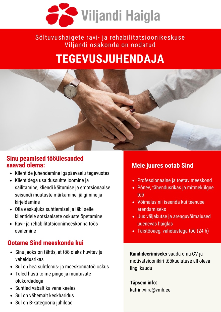 SA Viljandi Haigla Tegevusjuhendaja (Sõltuvushaigete ravi- ja rehabilitatsioonikeskuse Viljandi osakonda)