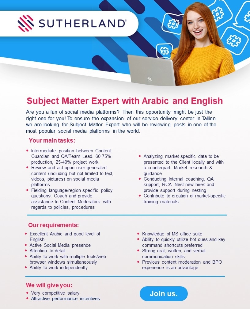 SUTHERLAND GLOBAL SERVICES OÜ Subject Matter Expert with Arabic and English