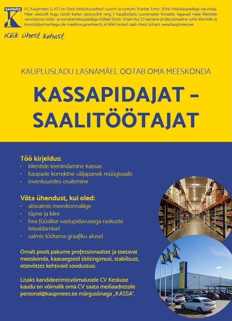 Kaupmees & Ko AS Kassapidaja-saalitöötaja Lasnamäe kauplus-lattu