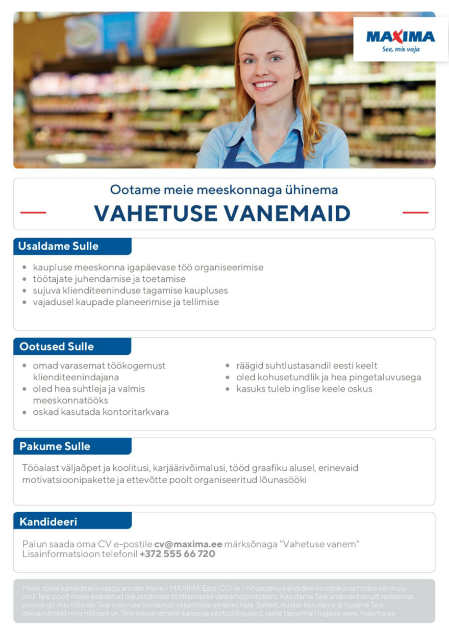 Maxima Eesti OÜ Vahetuse Vanem Sindi Maximasse (Pärnu mnt 57)