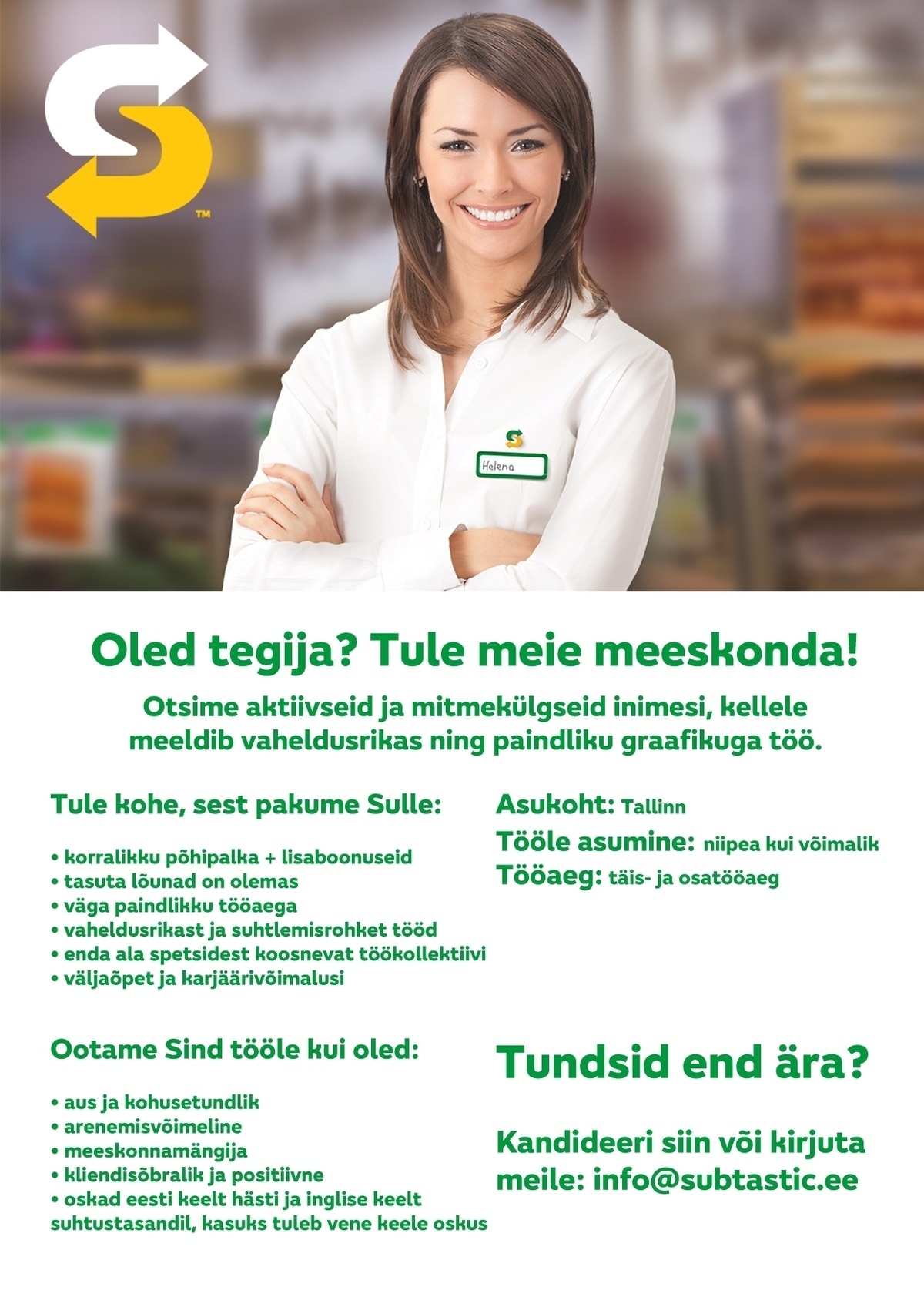 Subtastic OÜ Klienditeenindaja - Subway Restos Tallinnas