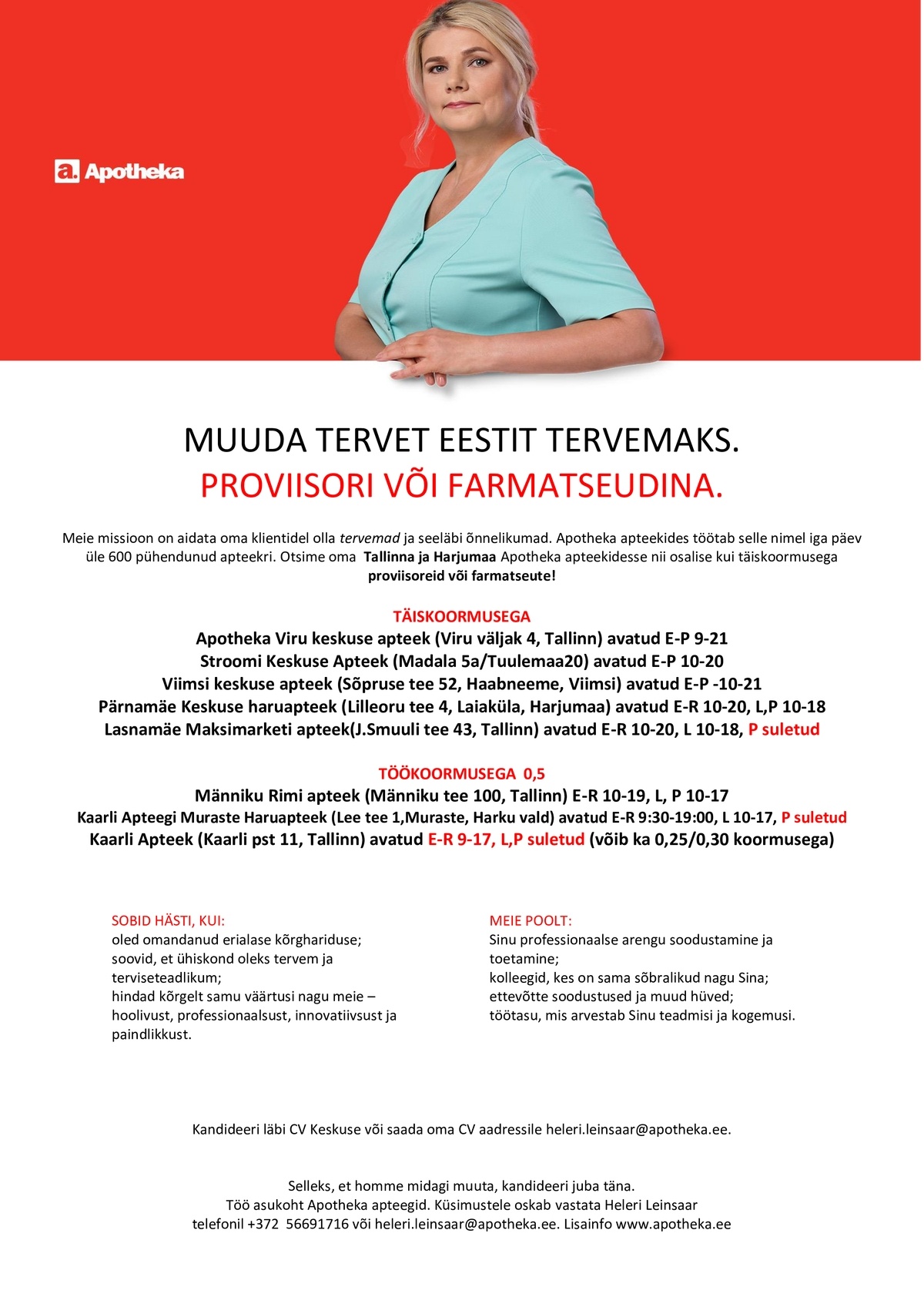 Apotheka Proviisor või farmatseut Tallinna ja Harjumaa Apotheka Apteeki