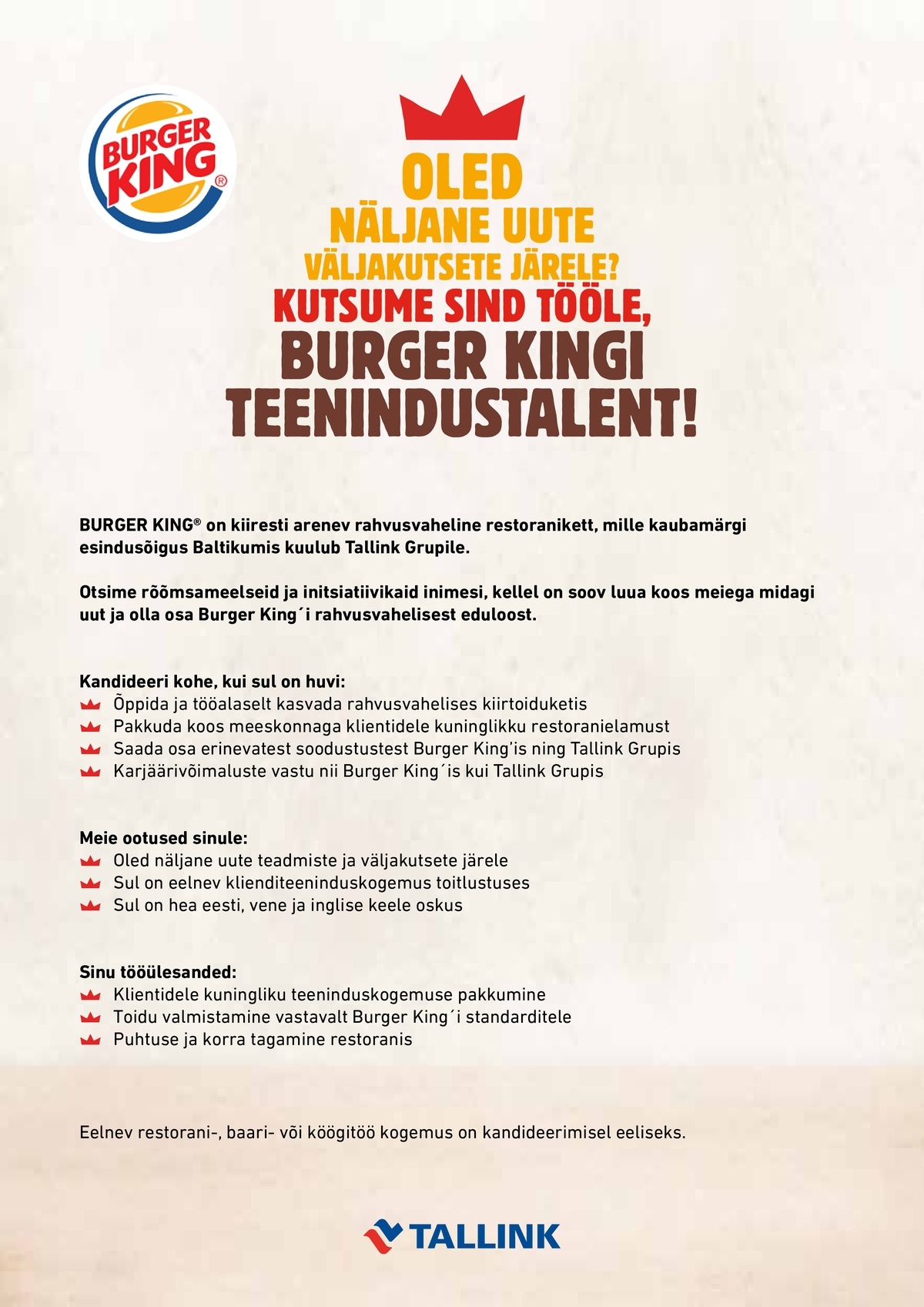Tallink Grupp AS Burger King'i teenindustalent (Lasnamäe Centrum)
