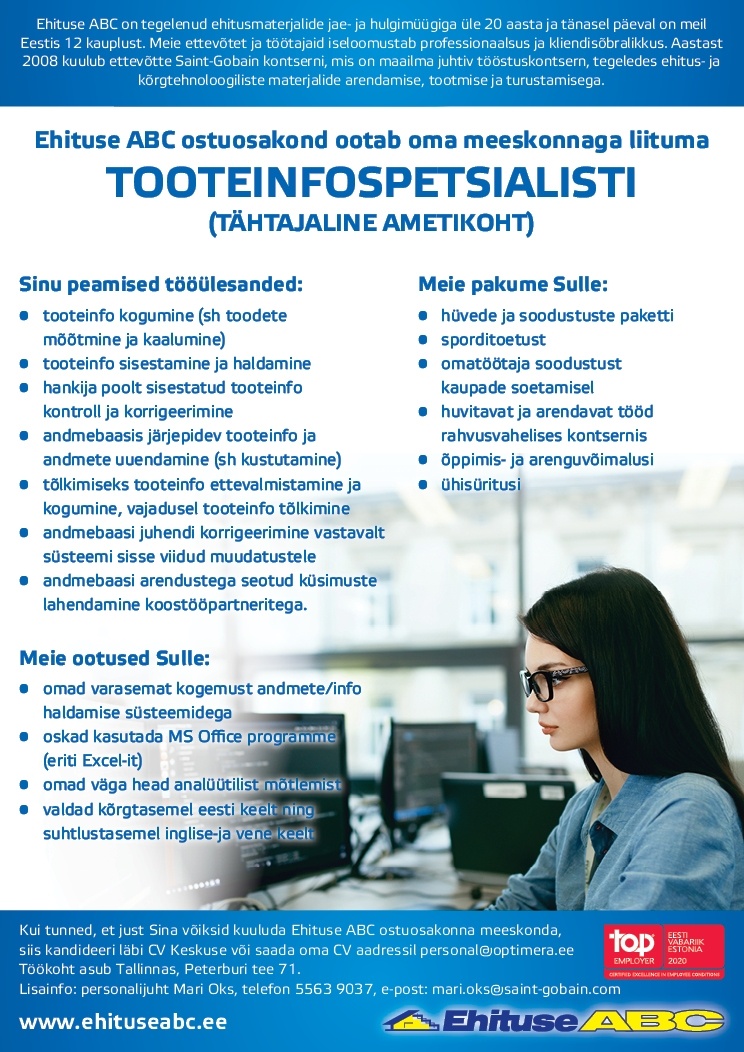 Optimera Estonia AS - Ehituse ABC Tooteinfospetsialist (lapsehoolduspuhkuse asendaja)