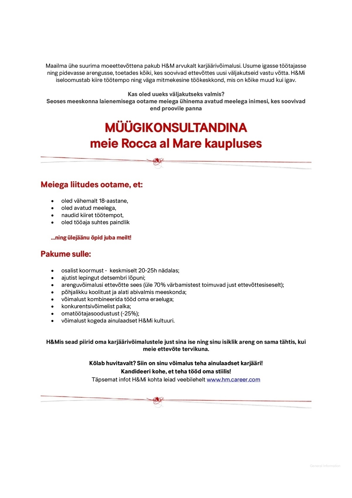 H & M HENNES & MAURITZ OÜ Rocca al Mare H&M otsib müügikonsultante