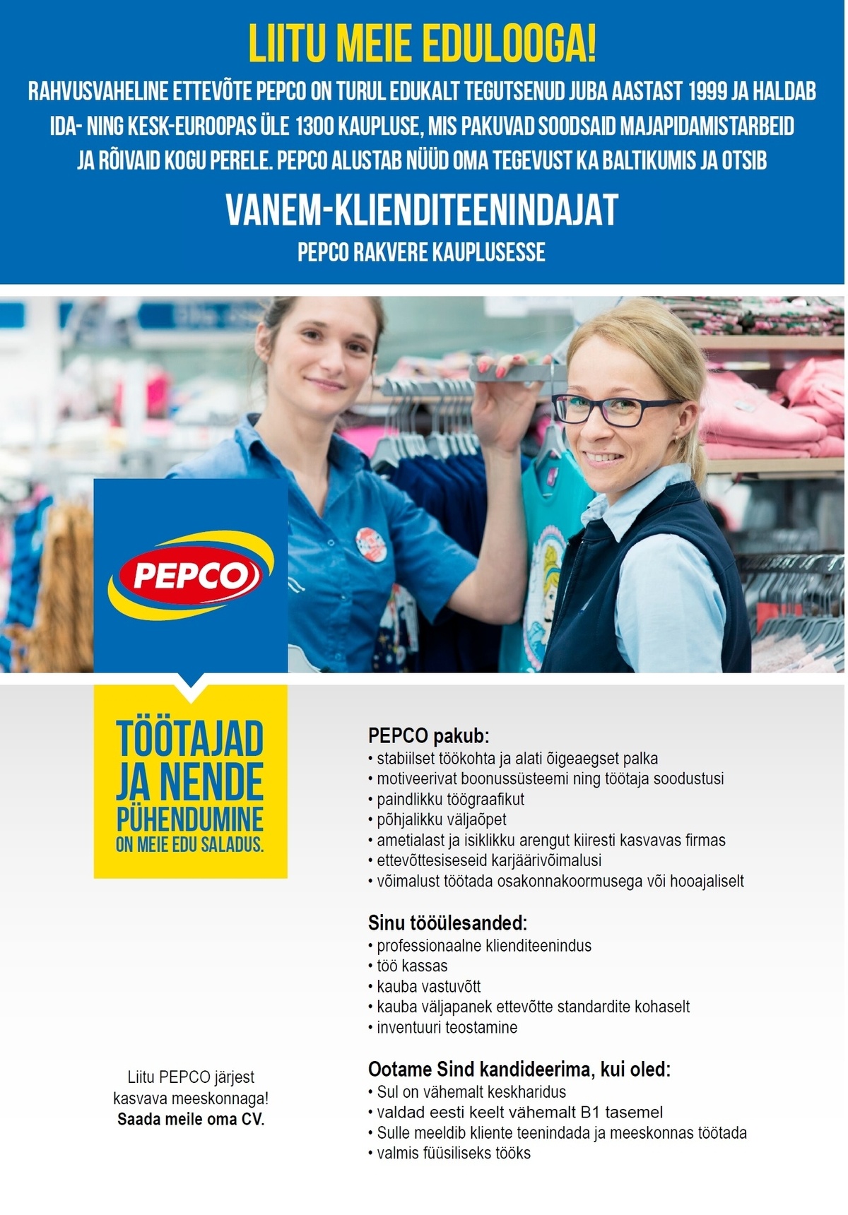 Pepco Estonia OÜ Vanem-klienditeenindaja Rakvere PEPCO kaupluses