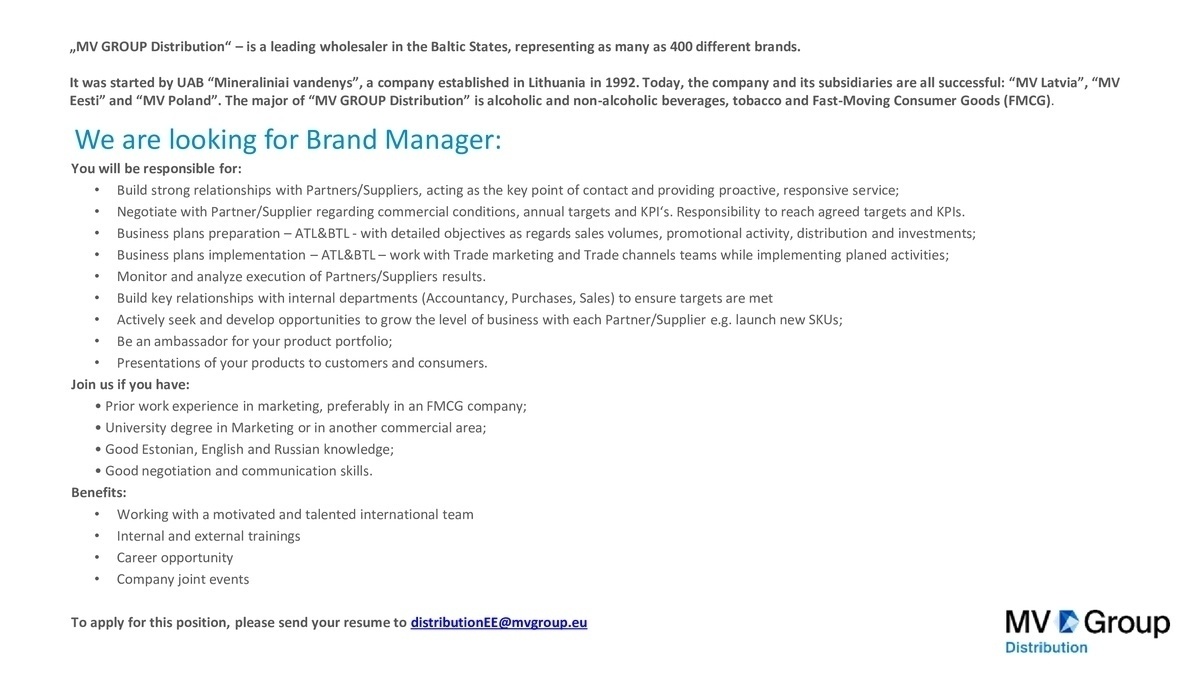 MV Eesti OÜ Brand Manager