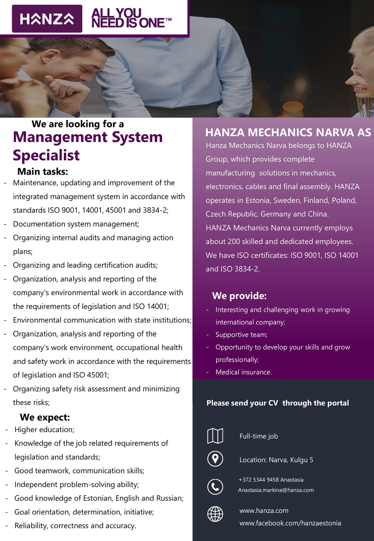 HANZA Mechanics Narva AS Management System Specialist