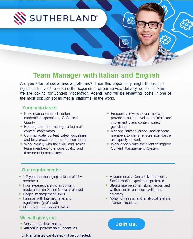 SUTHERLAND GLOBAL SERVICES OÜ Team Manager Fluent in Italian and English