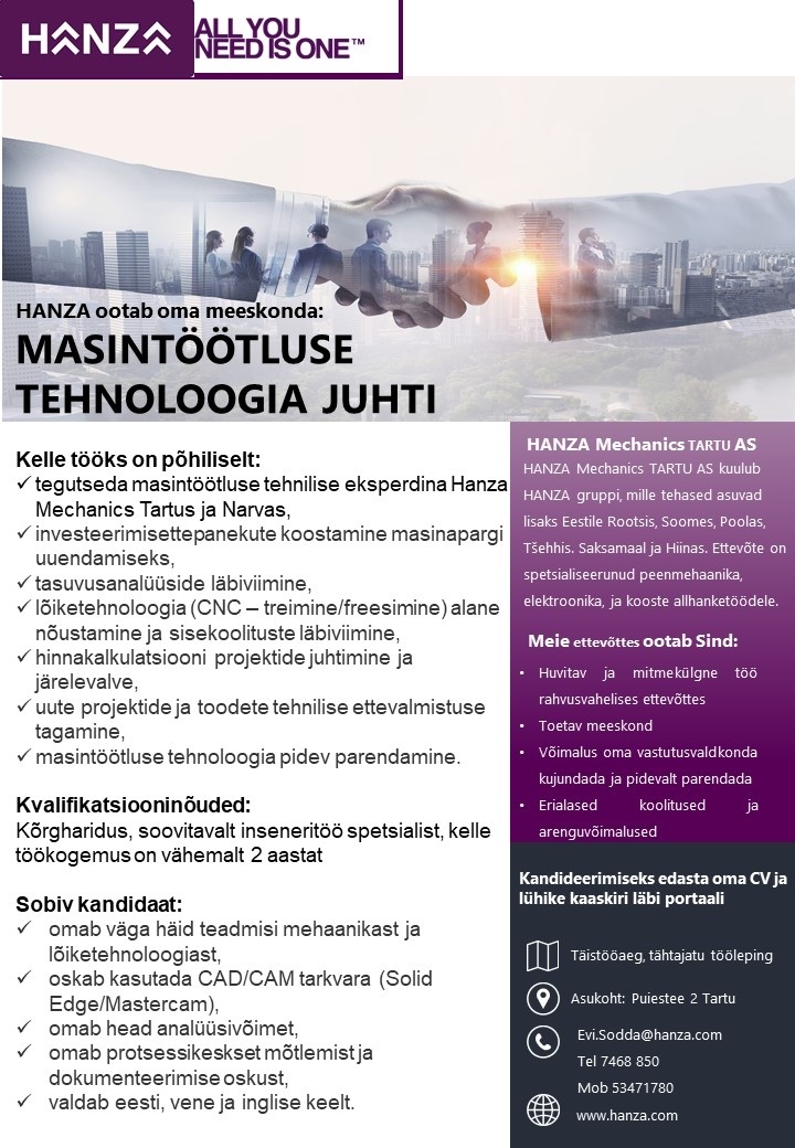HANZA Mechanics Tartu AS Masintöötluse tehnoloogia juht