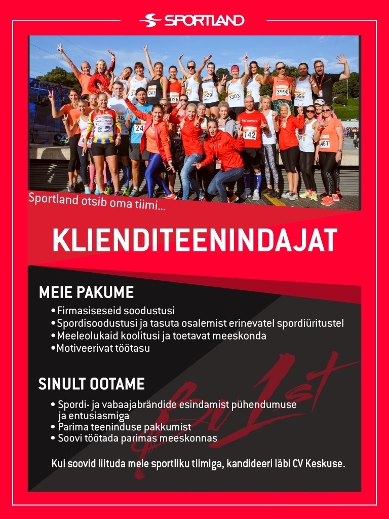 Sportland Eesti AS Sportland Ülemiste otsib klienditeenindajaid