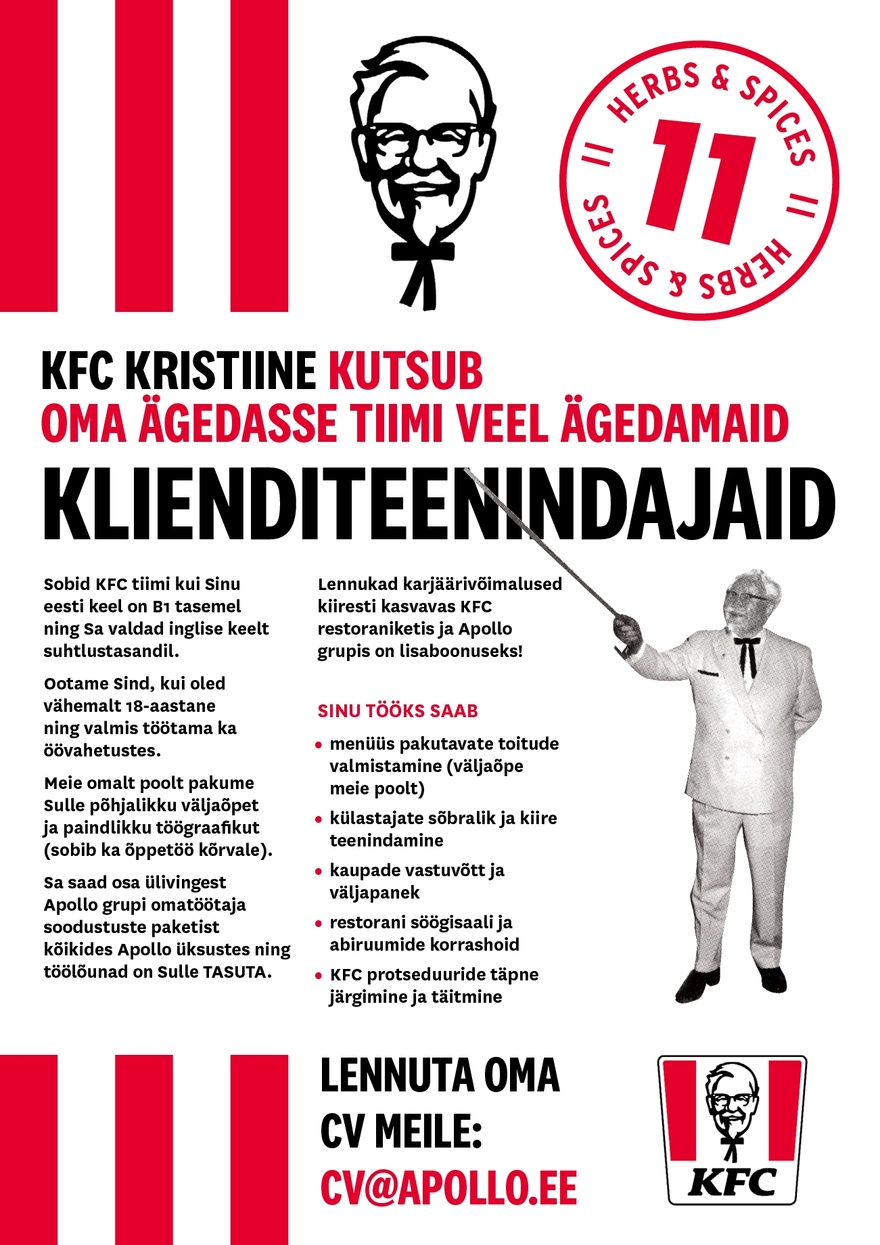 APL Fresh Food OÜ KFC KRISTIINE kutsub tiimi KLIENDITEENINDAJAID