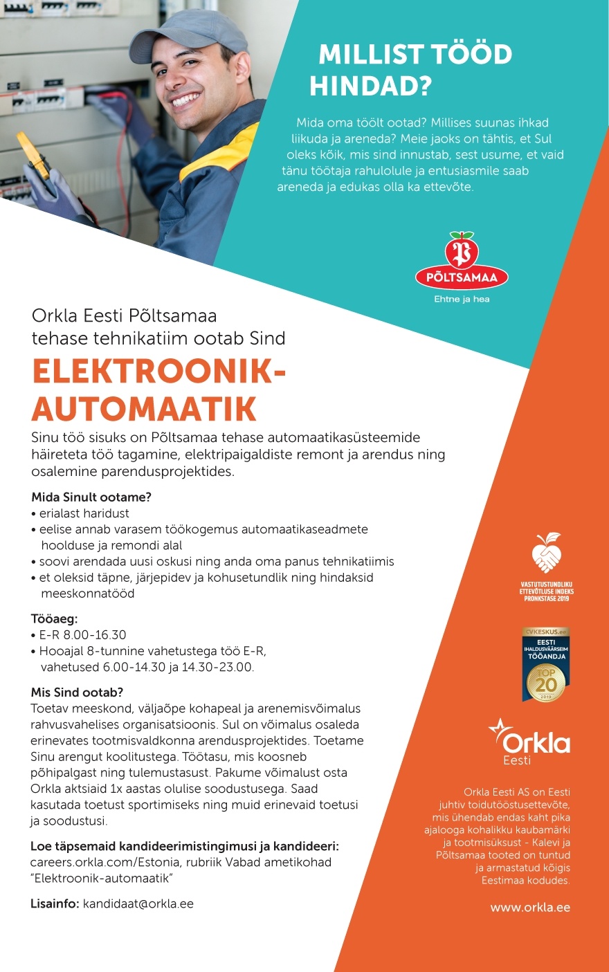 Orkla Eesti AS (Kalev ja Põltsamaa Felix) Elektroonik-automaatik