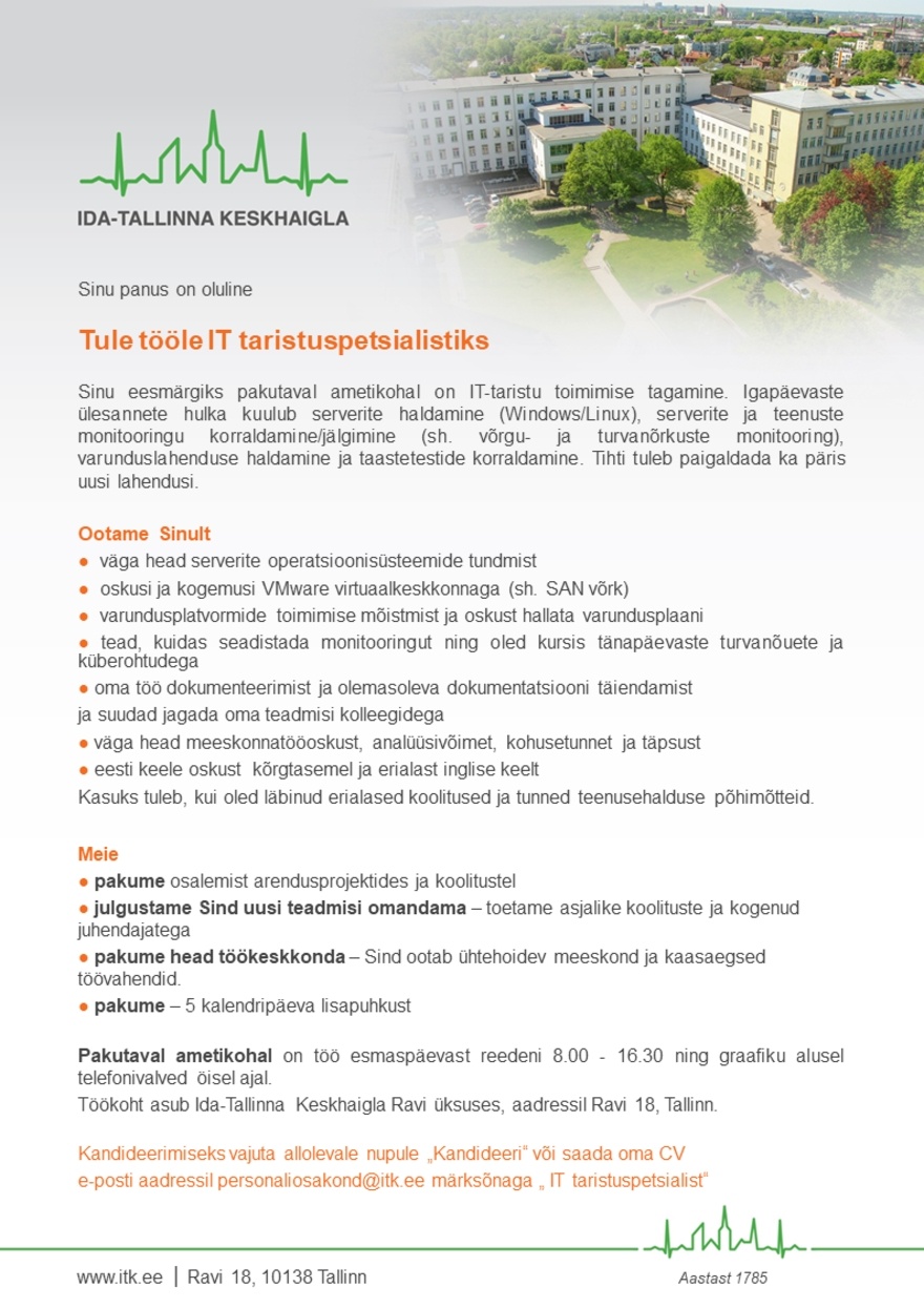 AS Ida-Tallinna Keskhaigla IT taristuspetsialist