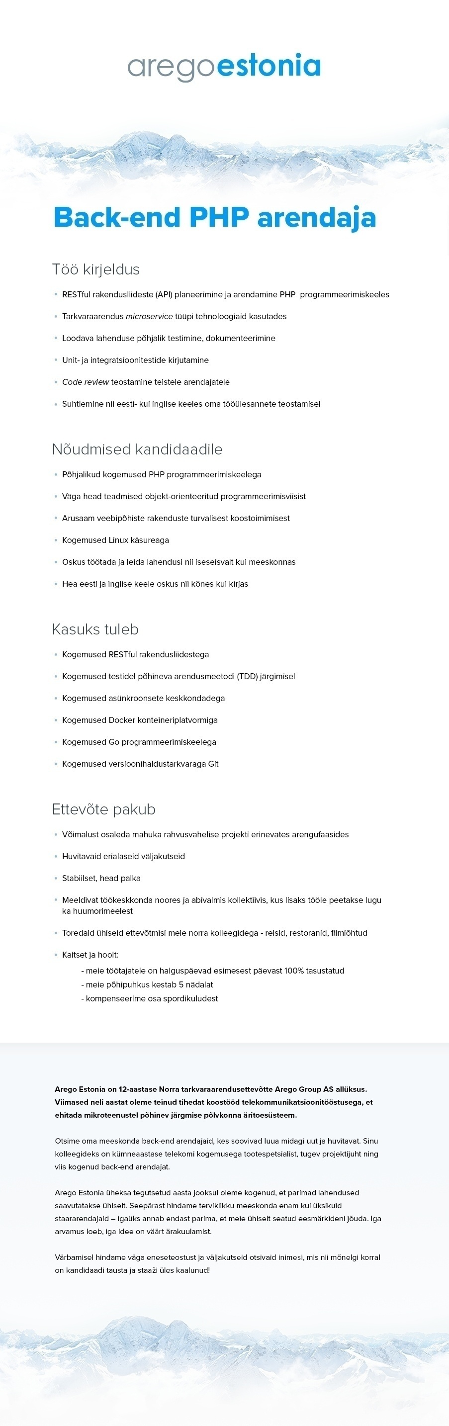 Arego Estonia OÜ Back-end PHP arendaja