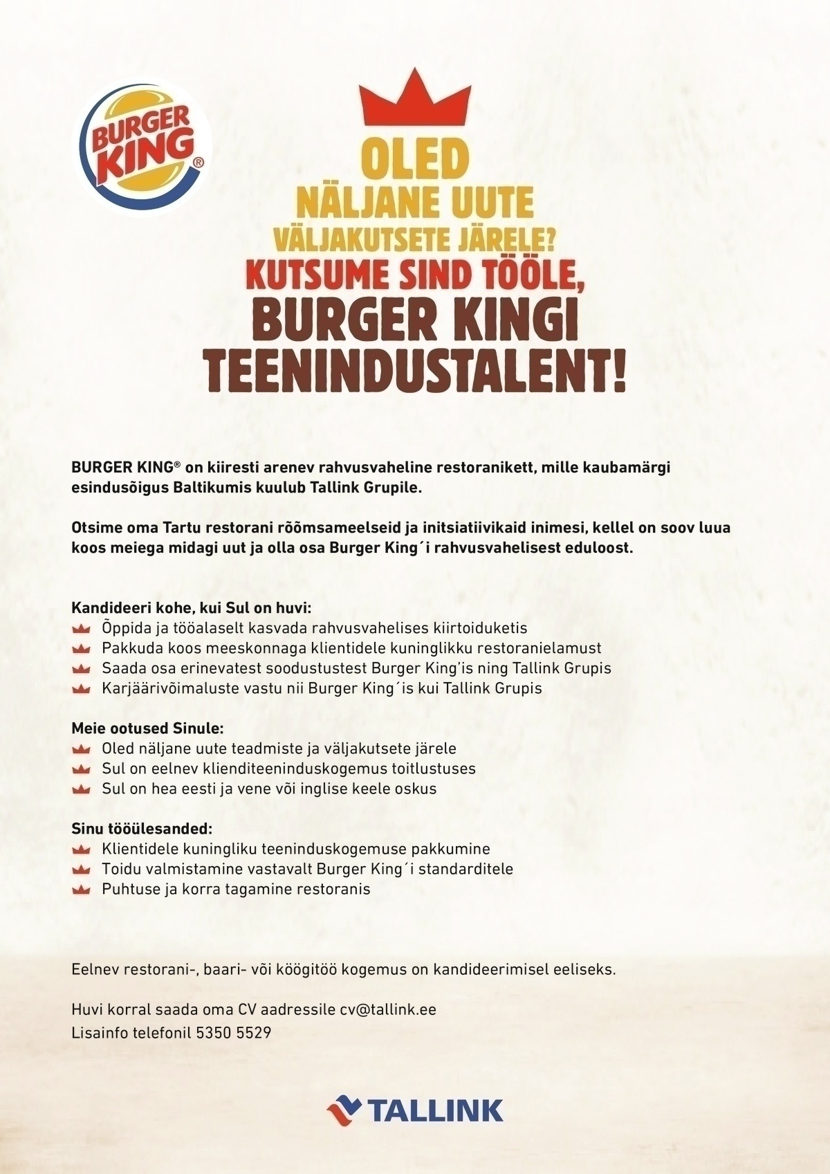 Tallink Grupp AS Burger King'i teenindustalent (Lõunakeskus)