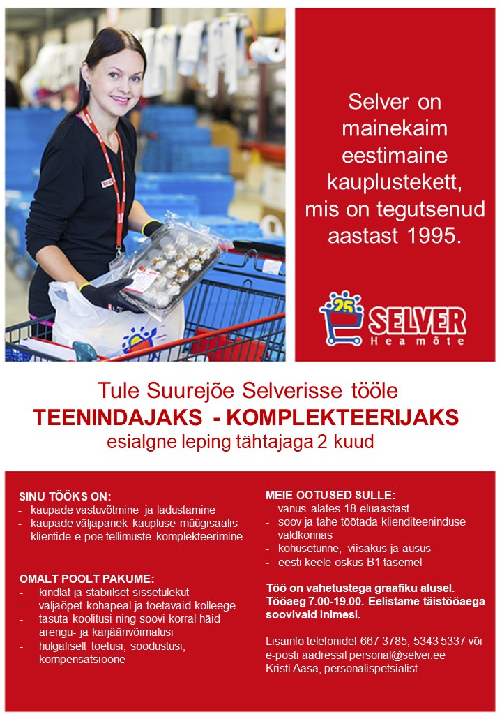 Selver Teenindaja-komplekteerija Pärnu Suurejõe Selveris