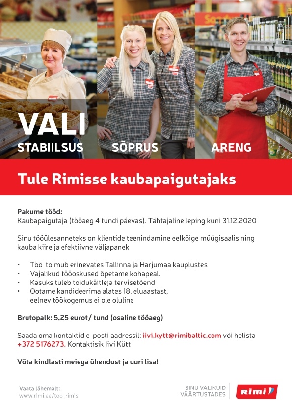 Rimi Eesti Food AS KAUBAPAIGUTAJA (TÖÖAEG 4 TUNDI PÄEVAS)