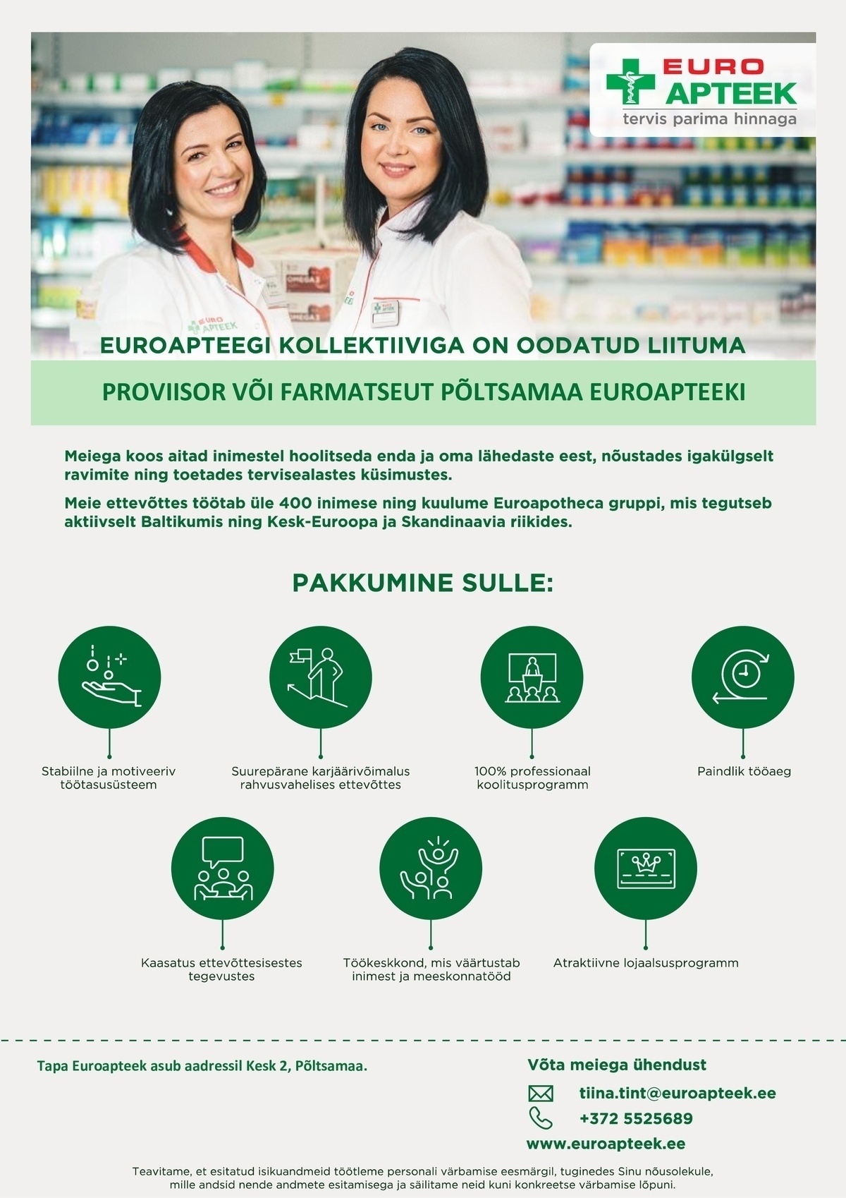Euroapteek OÜ Proviisor või farmatseut  Põltsamaa Keskuse apteeki
