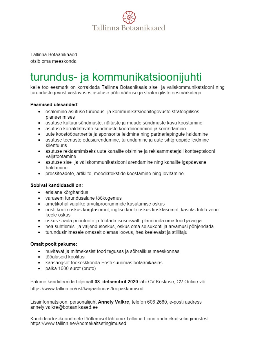 Tallinna Botaanikaaed Turundus- ja kommunikatsioonijuht