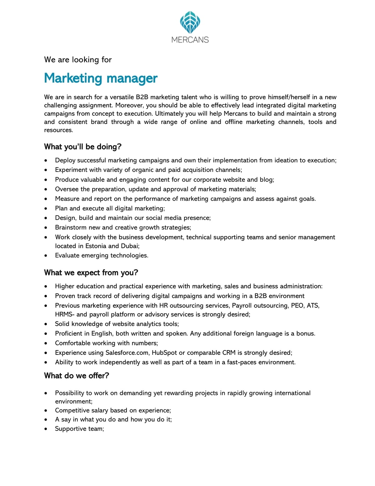 Mercans OÜ Marketing manager