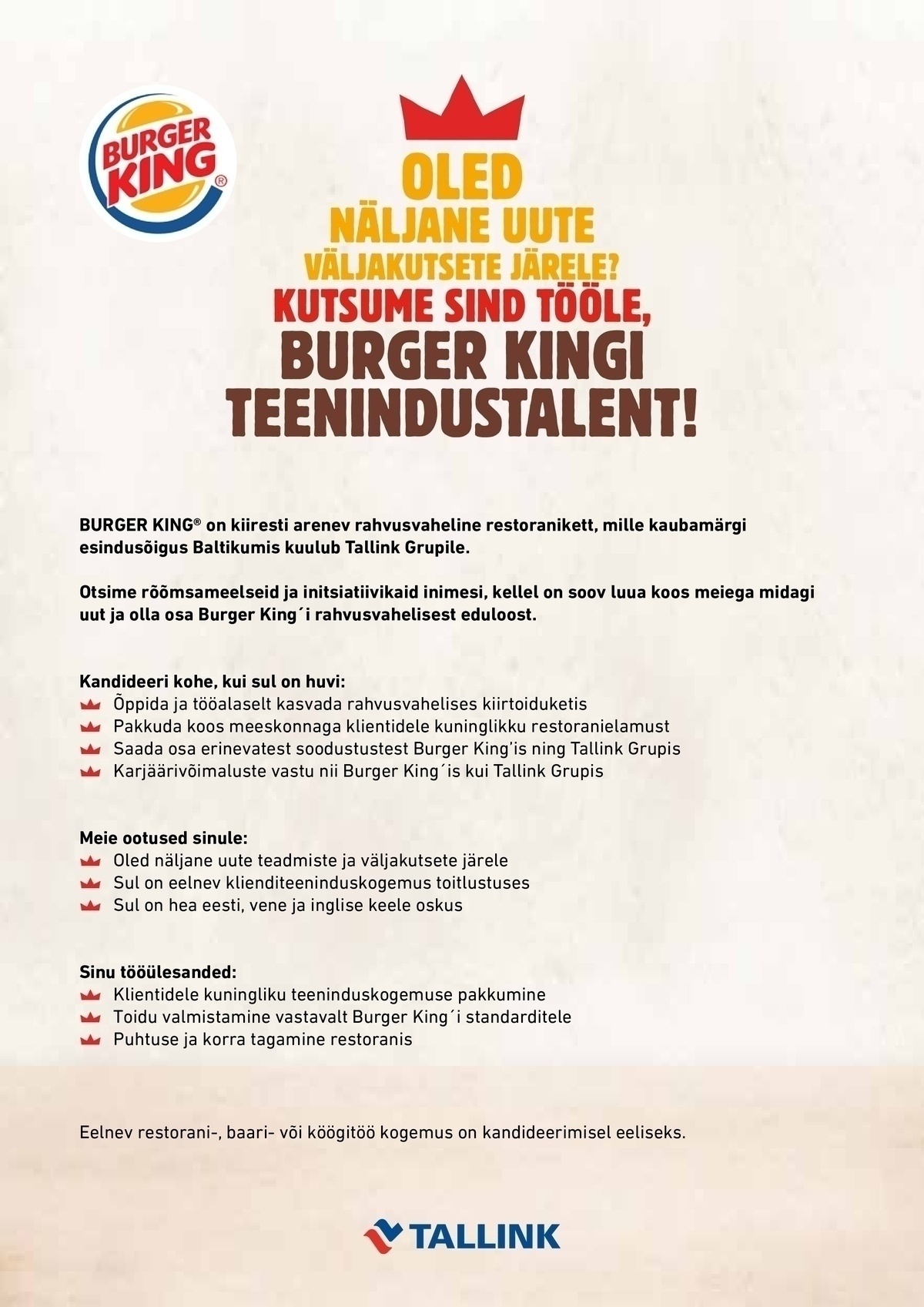 Tallink Grupp AS Burger King'i teenindustalent (uus restoran Tallinnas)