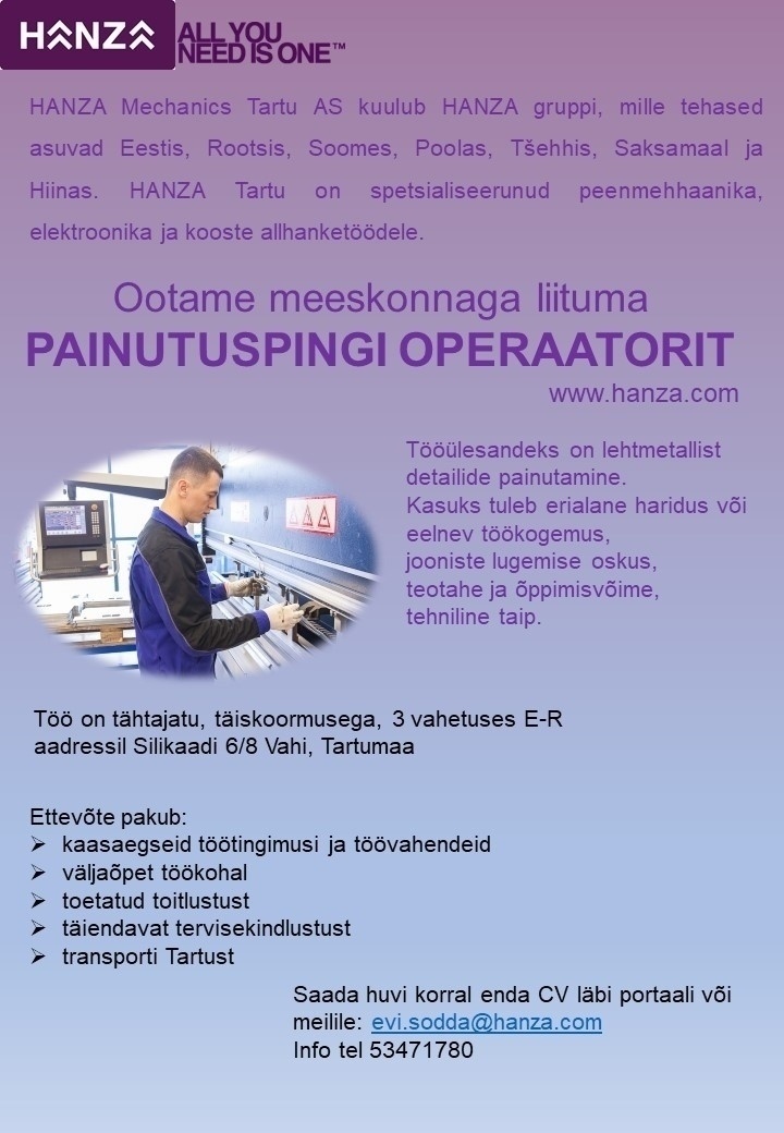 HANZA Mechanics Tartu AS Painutuspingi operaator