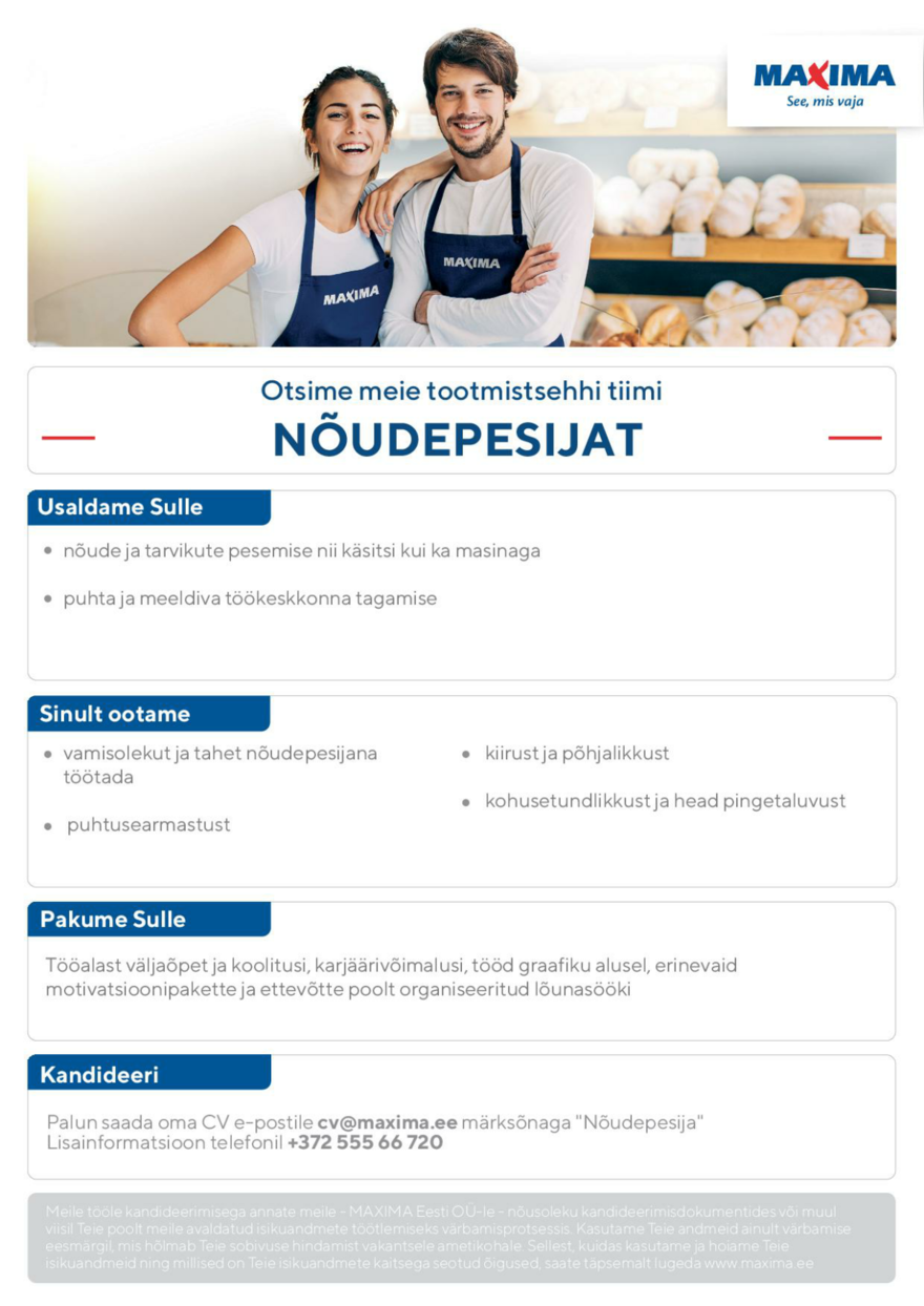 Maxima Eesti OÜ Nõudepesija Lasnamäe tootmistsehhi