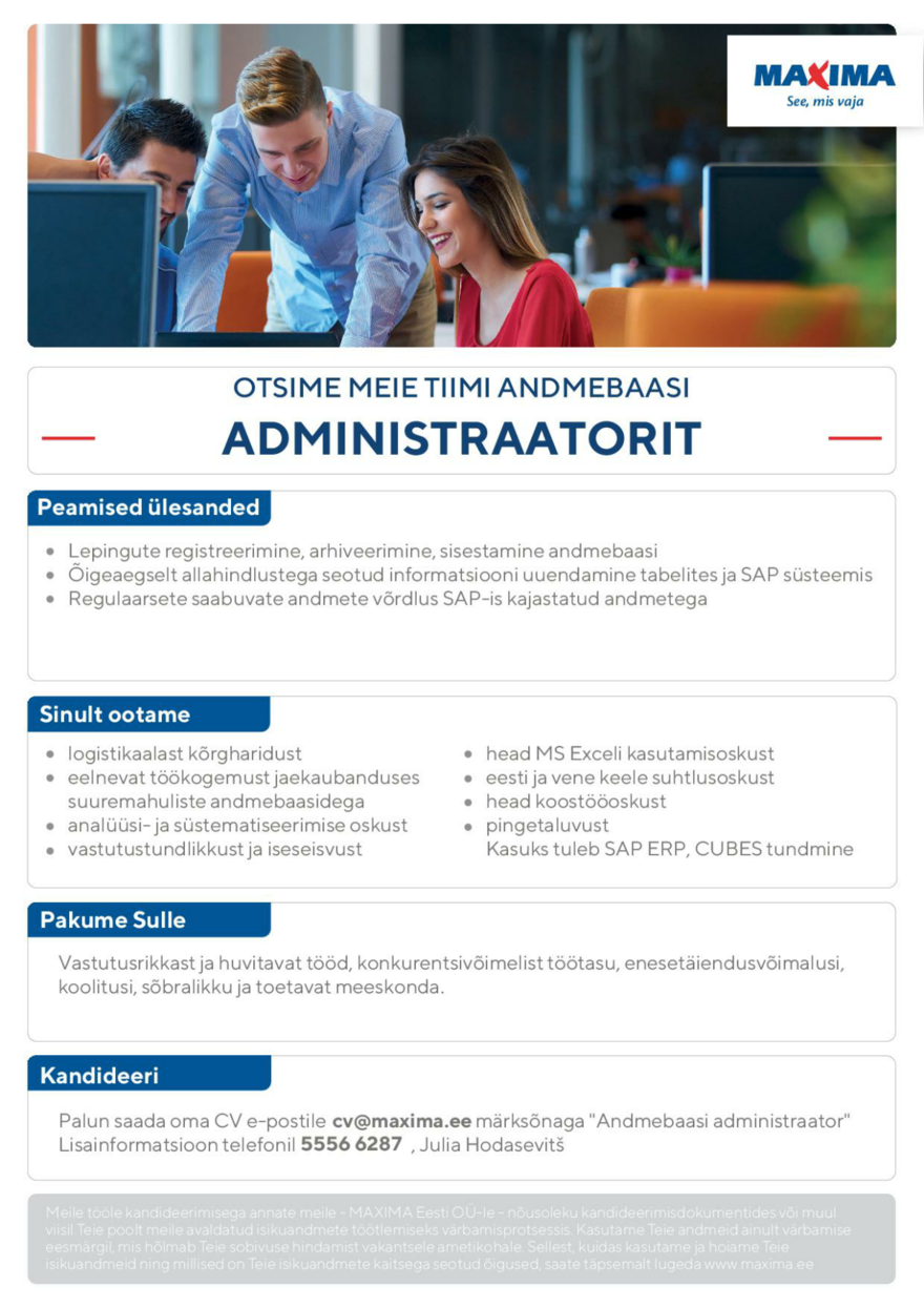 Maxima Eesti OÜ Andmebaasi administraator