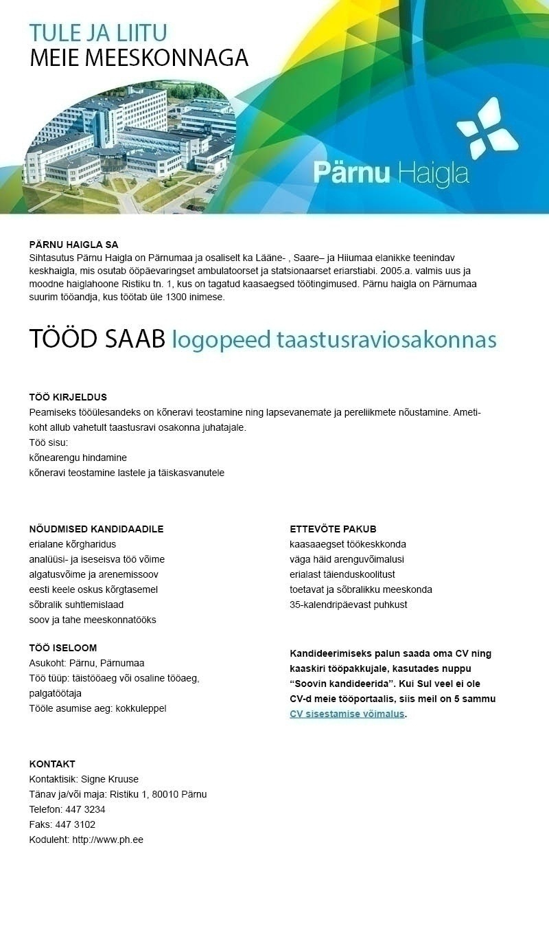 Pärnu Haigla SA Logopeed taastusraviosakonnas