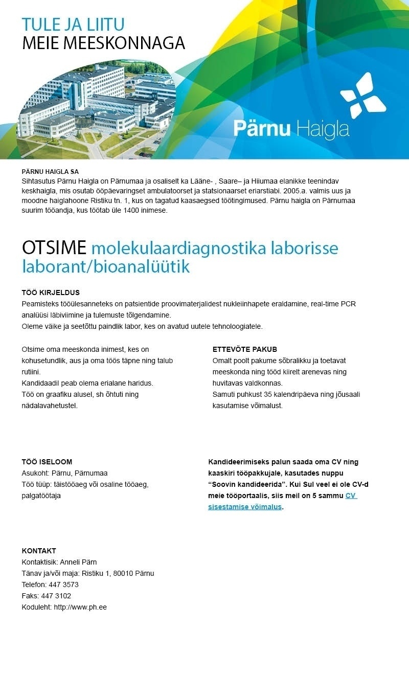 Pärnu Haigla SA Laborant/bioanalüütik