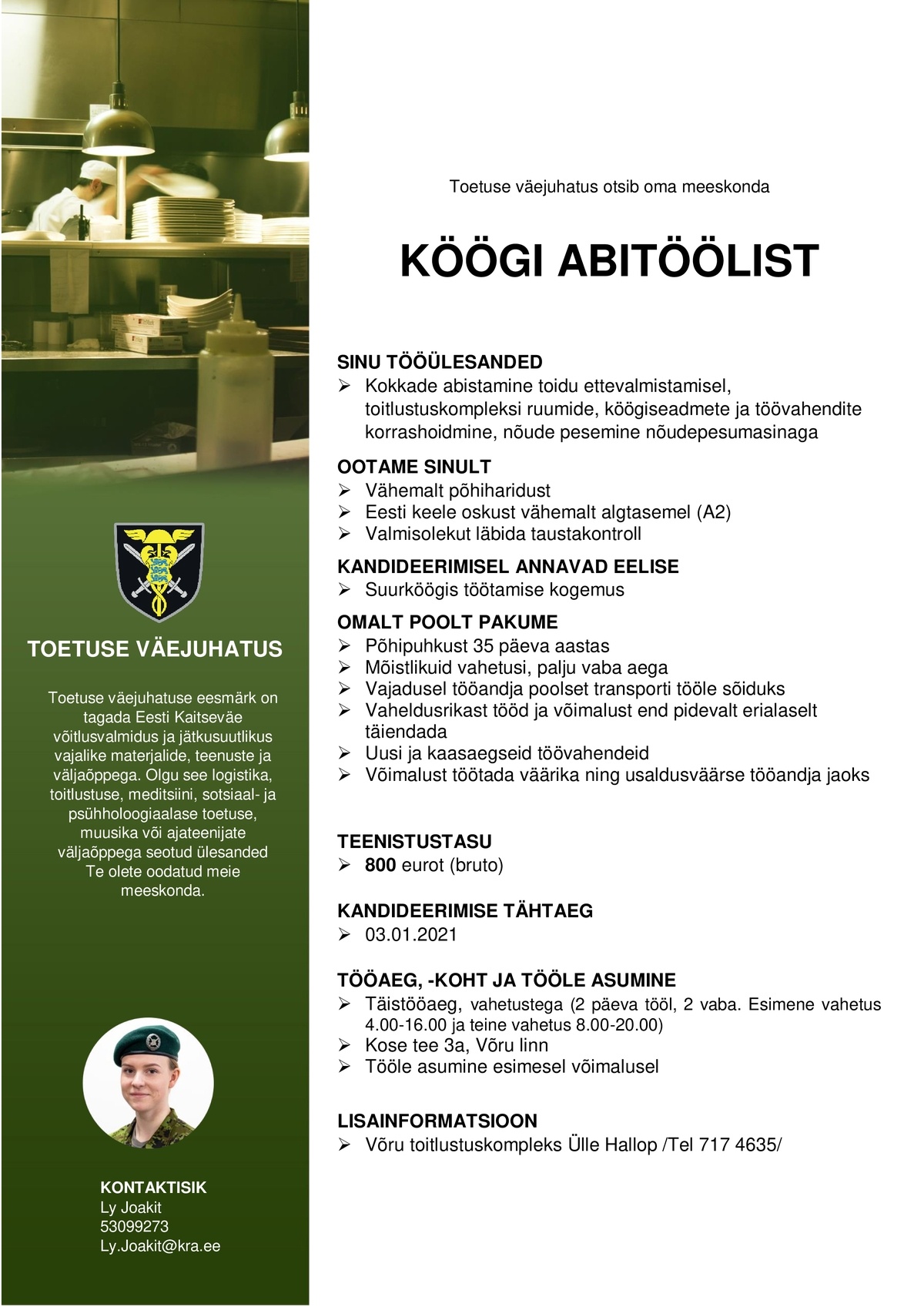 Toetuse väejuhatus Köögi abitööline