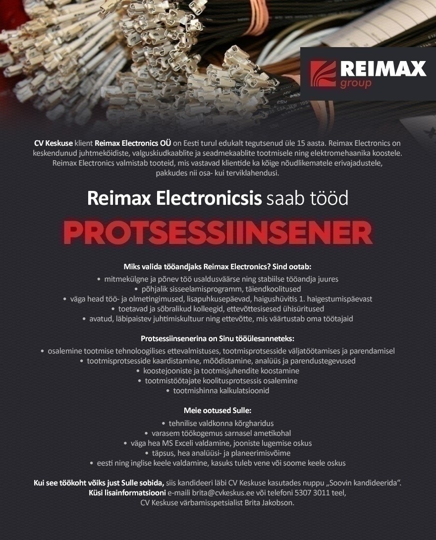 Reimax Electronics OÜ Tootmisprotsesside kujundaja, liitu Reimax Electronicsiga!