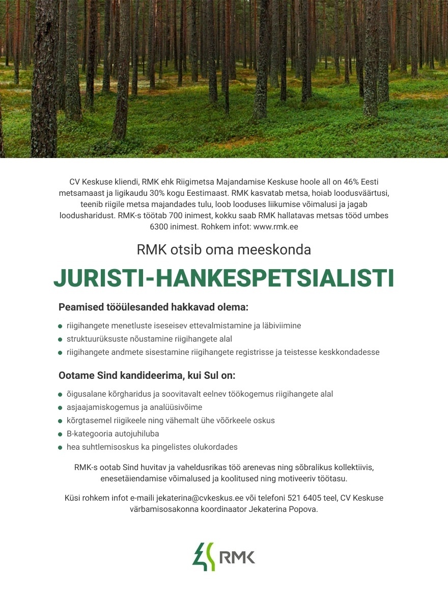 Riigimetsa Majandamise Keskuse  JURIST-HANKESPETSIALIST