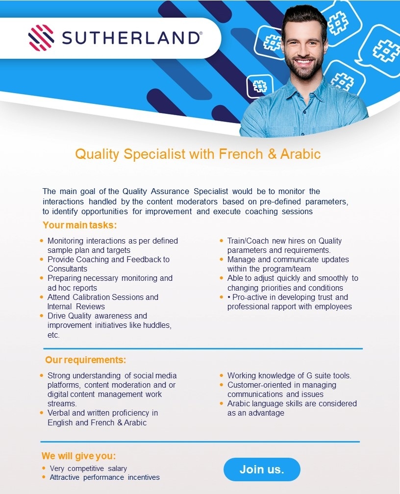 SUTHERLAND GLOBAL SERVICES OÜ QA Specialist with French, Arabic and English