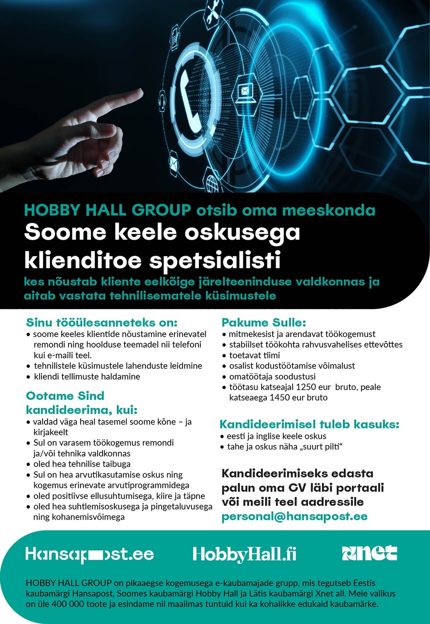 Hobby Hall Group OÜ Soome keele oskusega klienditoe spetsialist