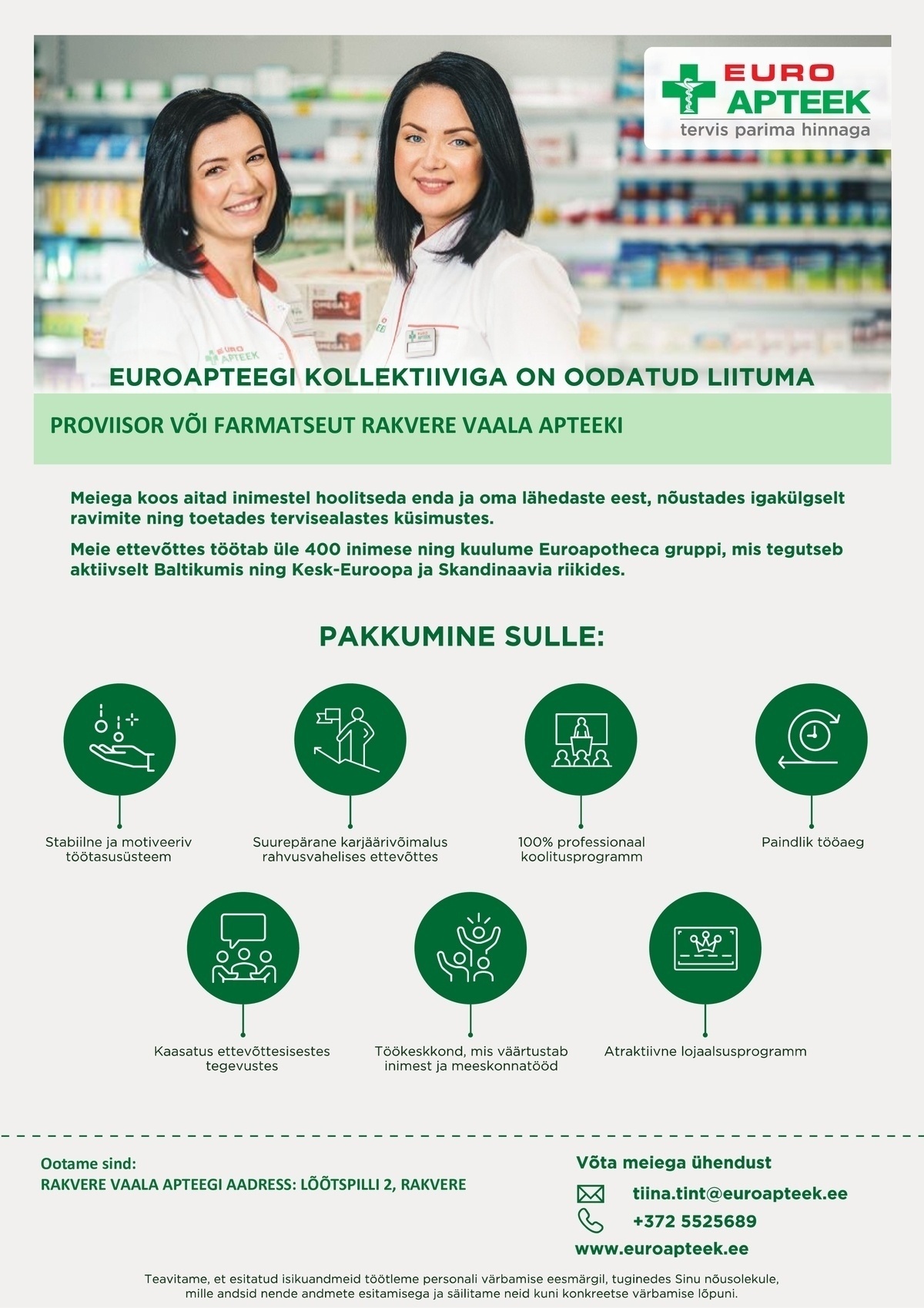 Euroapteek OÜ Proviisor või farmatseut Rakvere Vaala apteeki