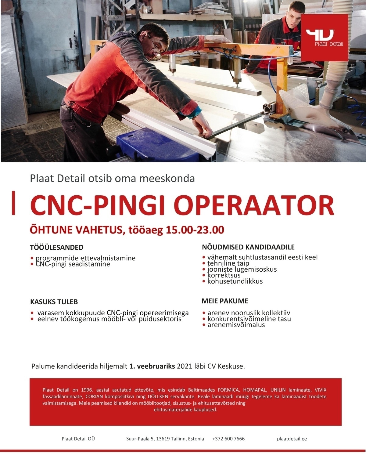 Plaat Detail OÜ Cnc-pingi operaator