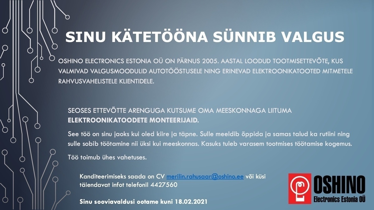 OSHINO ELECTRONICS ESTONIA OÜ Elektroonikaseadmete koostaja