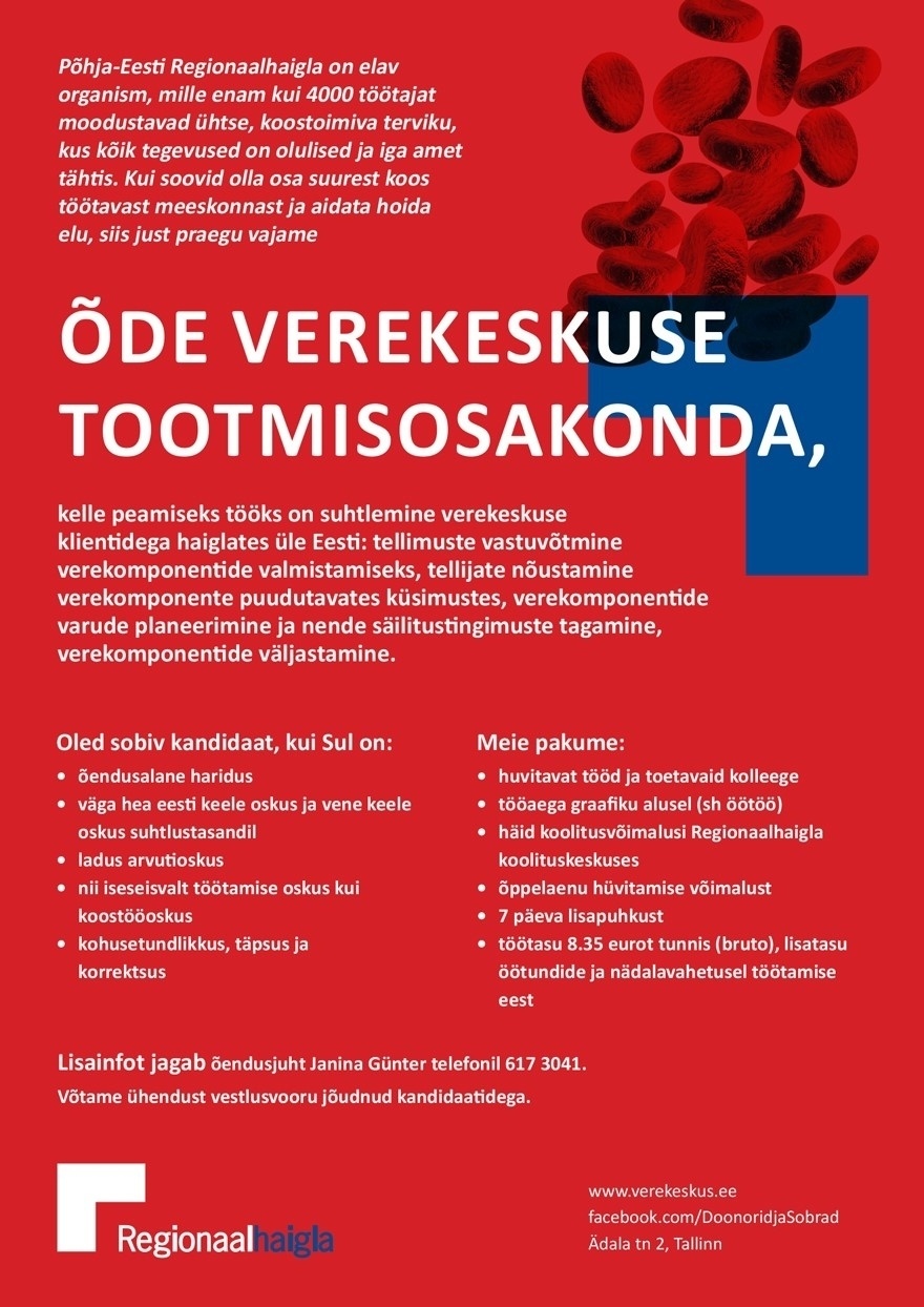 Põhja-Eesti Regionaalhaigla SA Õde verekeskuse tootmisosakonda