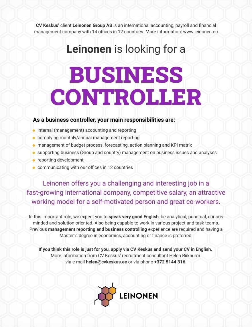 Leinonen Group AS  BUSINESS CONTROLLER