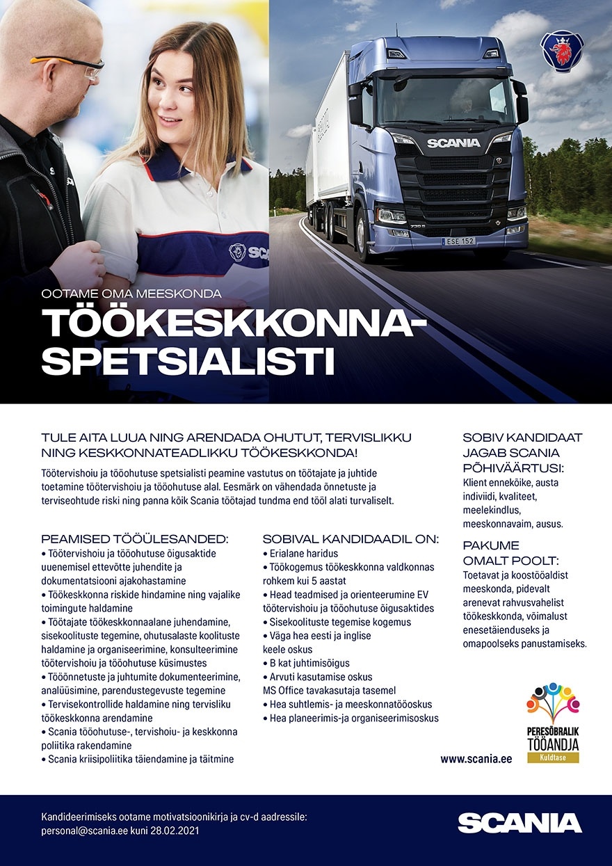 Scania Eesti AS Töökeskkonnaspetsialist