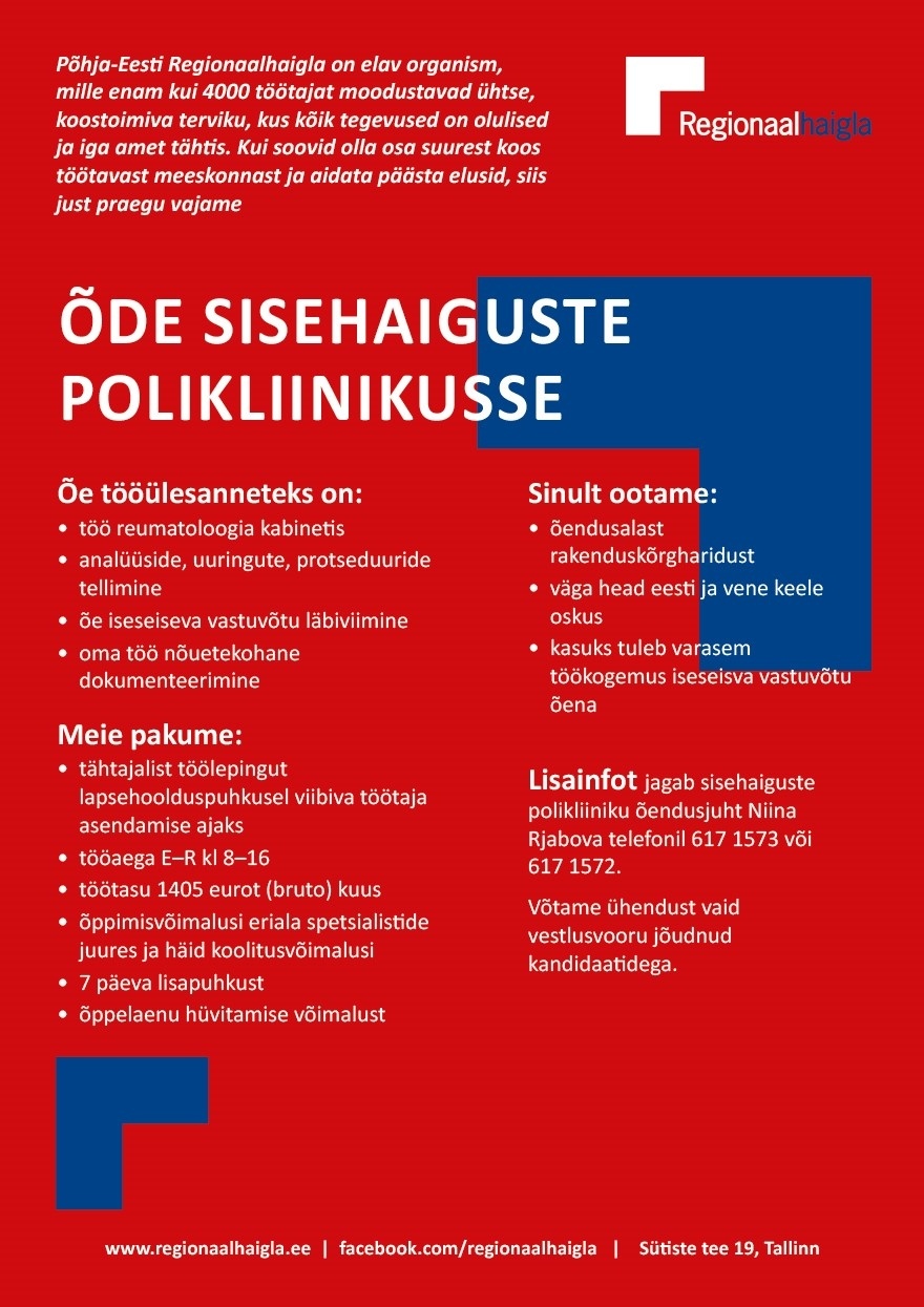 Põhja-Eesti Regionaalhaigla SA Õde sisehaiguste polikliinikusse (asenduskoht)