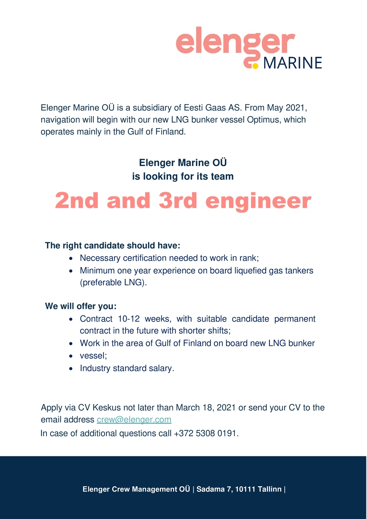 ELENGER MARINE OÜ 2nd and 3rd engineer