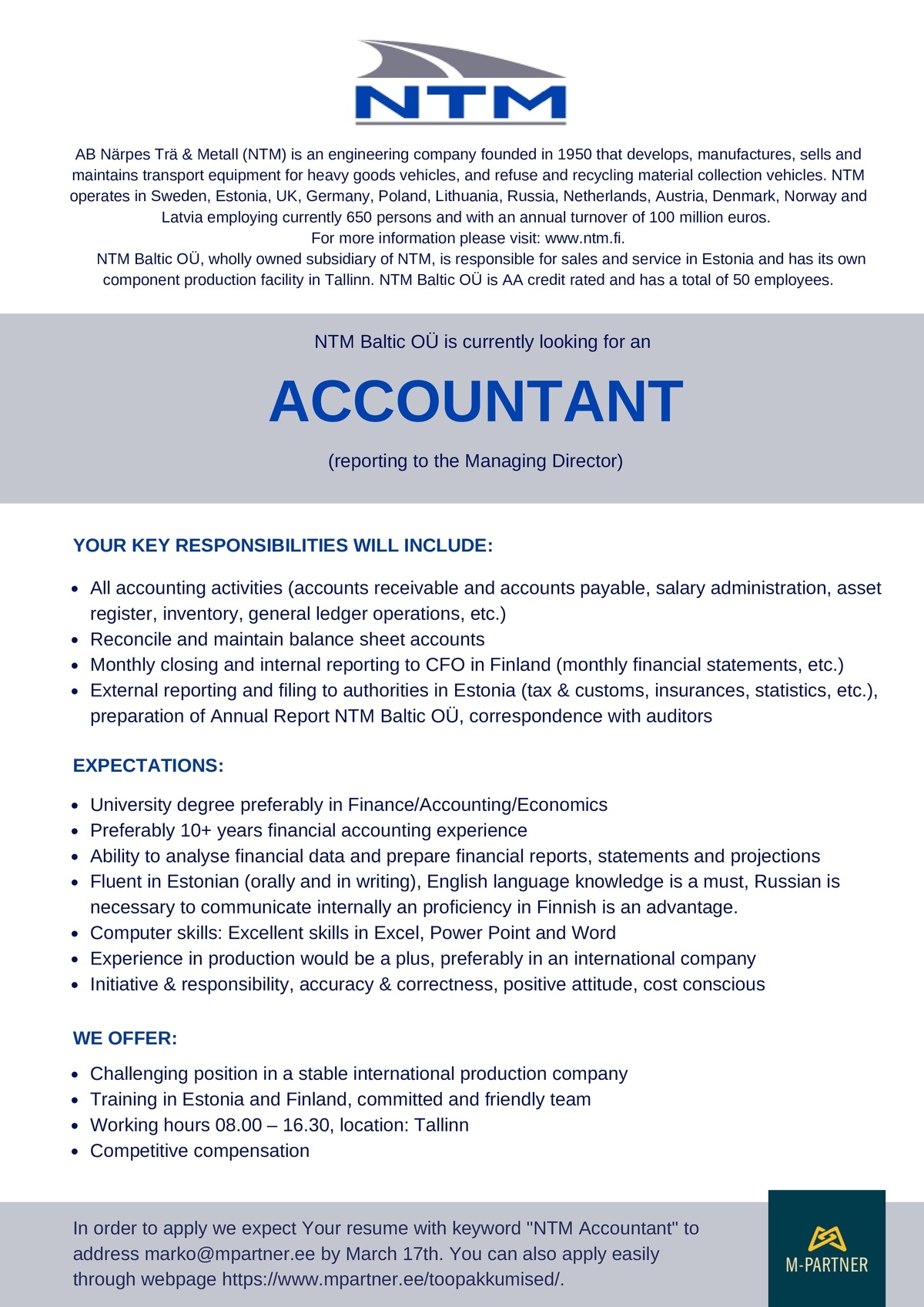 M-Partner HR OÜ Accountant 