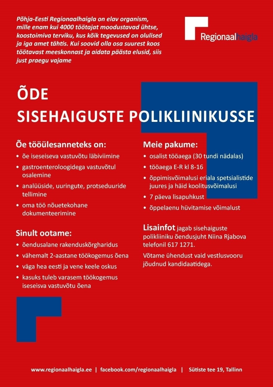Põhja-Eesti Regionaalhaigla SA Õde sisehaiguste polikliinikusse (osakoormusega)