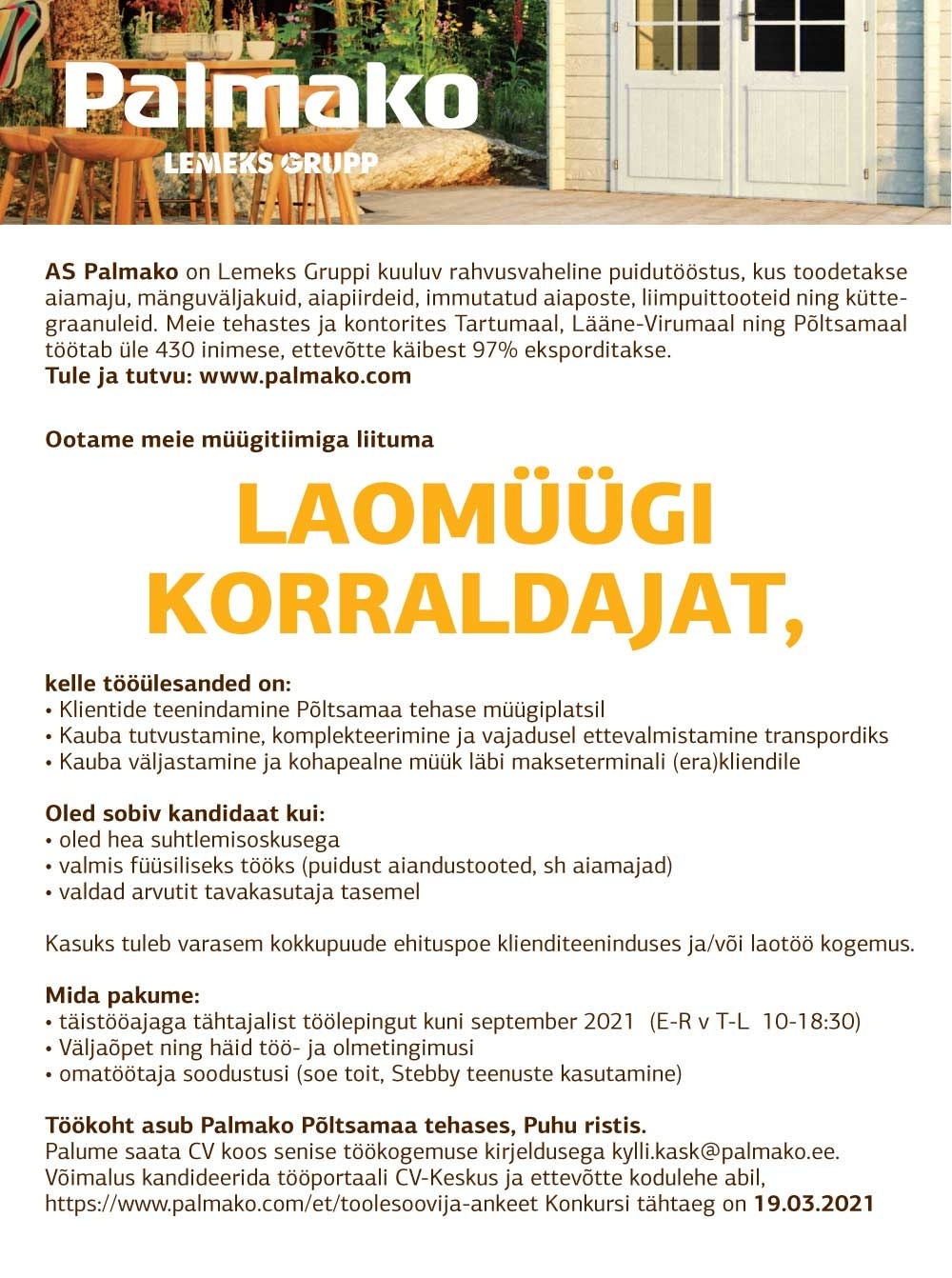 Palmako AS PÕLTSAMAA laomüügi korraldaja 