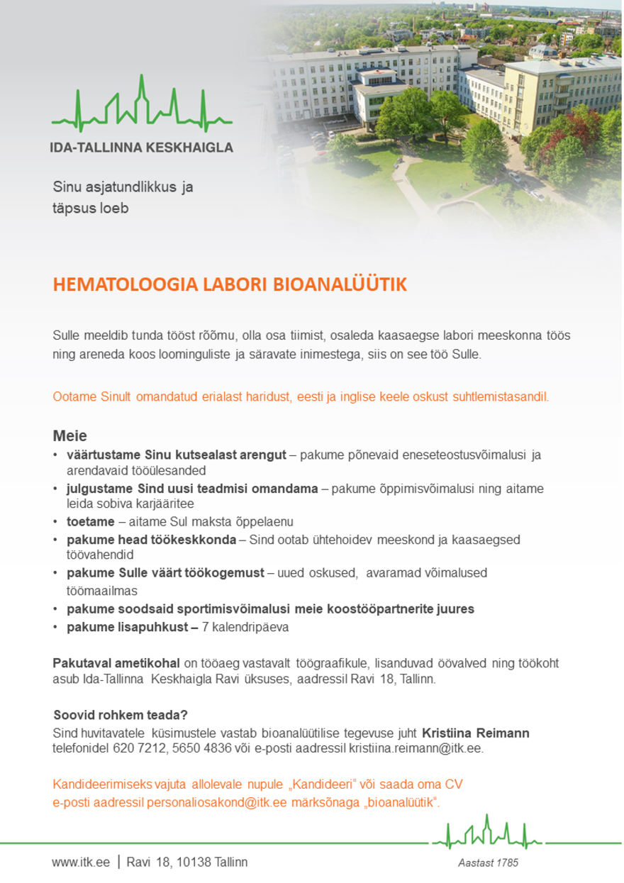 AS Ida-Tallinna Keskhaigla Hematoloogia labori bioanalüütik