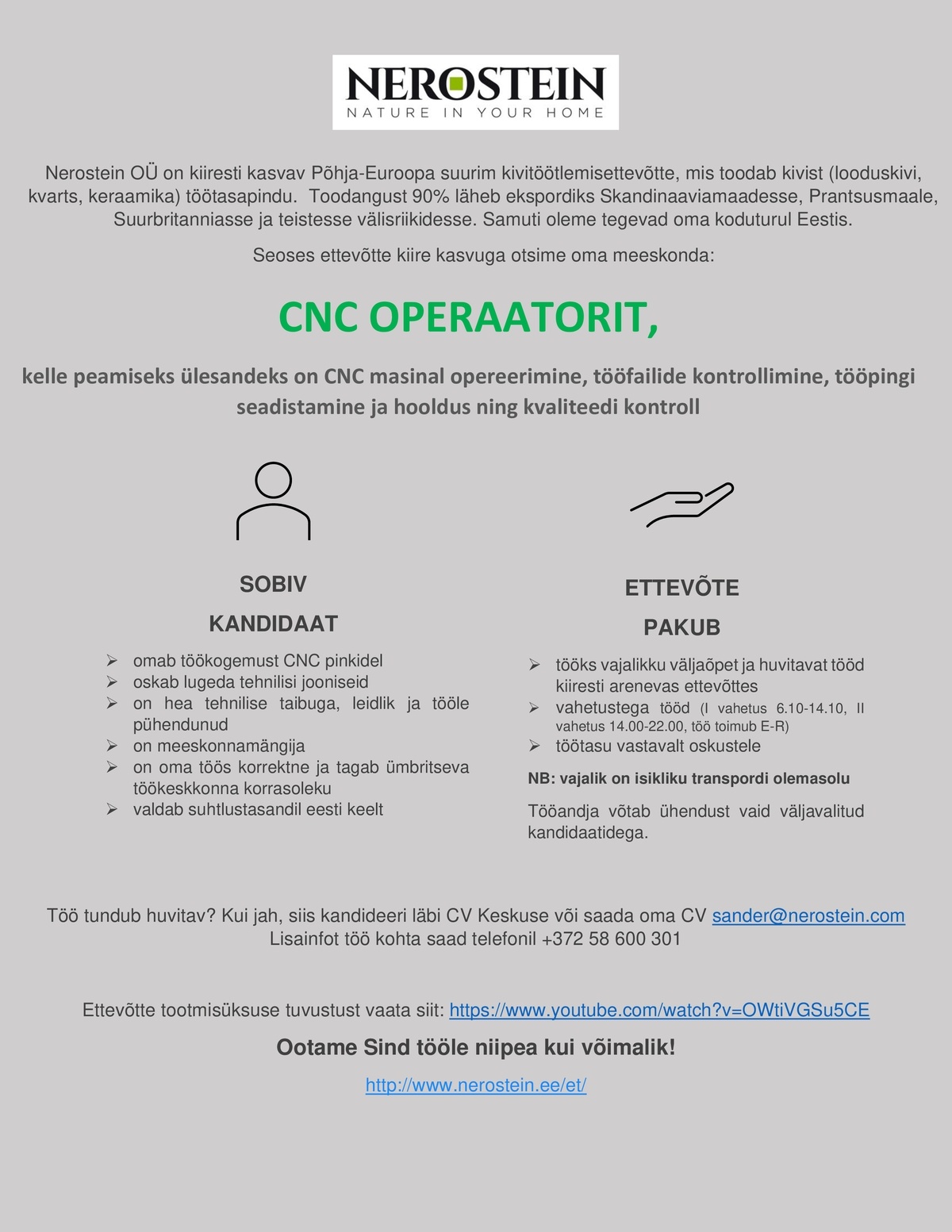 NEROSTEIN OÜ CNC pingi operaator