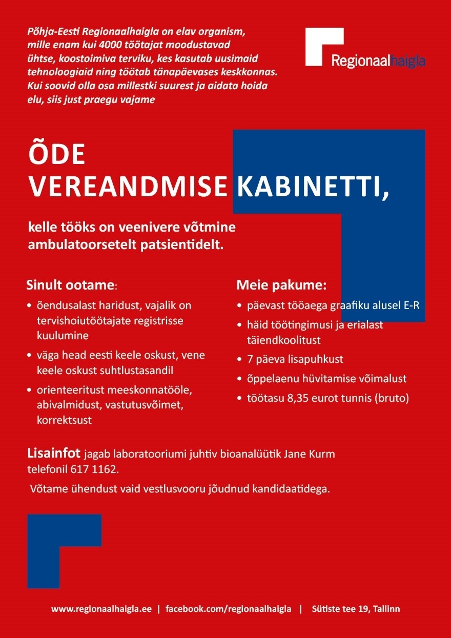 Põhja-Eesti Regionaalhaigla SA Õde vereandmise kabinetti